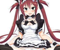  absurdres airi_(queen&#039;s_blade) airi_(the_infernal_temptress) black_thighhighs blush breasts female green_eyes highres hot maid maid_headdress medium_breasts momio panties pantyshot queen&#039;s_blade red_hair ribbon skirt solo thighhighs twintails underwear white_background white_panties 