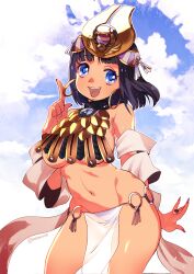  ancient_egyptian ancient_egyptian_clothes ancient_princess_menace black_hair blue_eyes blue_panties blush breasts commentary_request crown dark_skin female hayasaka highres jewelry large_breasts menace_(queen&#039;s_blade) navel o-ring o-ring_bottom panties queen&#039;s_blade revealing_clothes short_hair solo striped_clothes striped_panties thighs underboob underwear 