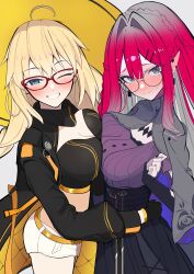  2girls absurdres aesc_(exhibition_attire)_(fate) aesc_(fate) aesc_(rain_witch)_(fate) ahoge baobhan_sith_(fate) baobhan_sith_(swimsuit_pretender)_(fate) baobhan_sith_(swimsuit_pretender)_(second_ascension)_(fate) belt black_gloves black_nails blonde_hair blue_eyes blush braid breast_press breasts cleavage crop_top fate/grand_order fate_(series) glasses gloves gold_belt grin hand_on_another&#039;s_waist happy hat highres hug long_hair long_sleeves looking_at_viewer low_twin_braids micro_shorts mother_and_daughter multiple_girls nervous nervous_sweating official_alternate_costume one_eye_closed orange_belt oyakodon_(sex) pale_skin pink_hair pointy_ears red-framed_eyewear revision round_eyewear shorts sidelocks smile striped_belt sweat symmetrical_docking take_your_pick twin_braids uriuriyukitti white_shorts witch_hat 