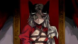  aldra_(queen&#039;s_blade) armor belt belt_bra breasts closed_mouth commentary_request eyepatch female grey_hair highres long_hair long_sleeves looking_at_viewer queen&#039;s_blade queen_aldra red_eyes sitting small_breasts solo springmonkey throne very_long_hair 