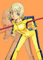  blonde_hair bodysuit bruce_lee&#039;s_jumpsuit commentary_request female huang_baoling onnaski photoshop_(medium) short_hair solo staff stance tiger_&amp;_bunny yellow_bodysuit yellow_eyes zoom_layer 