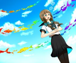  blue_eyes brown_hair bubble cloud commentary_request day female fish flying_fish hair_ornament hairclip long_hair open_mouth pantyhose pixiv_shadow_3 rainbow_order ribbon rio_(skyjacking) sky solo 