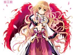  belt blonde_hair cherry_blossoms commentary_request female fiery_wings flat_chest highres kanna_(plum) long_hair looking_at_viewer lyrical_nanoha mahou_shoujo_lyrical_nanoha mahou_shoujo_lyrical_nanoha_a&#039;s mahou_shoujo_lyrical_nanoha_a&#039;s_portable:_the_battle_of_aces mahou_shoujo_lyrical_nanoha_a&#039;s_portable:_the_gears_of_destiny midriff navel photoshop_(medium) simple_background solo very_long_hair wide_sleeves wings yellow_eyes yuri_eberwein 