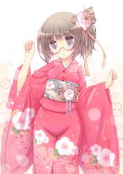  bad_id bad_pixiv_id breasts brown_eyes brown_hair female flower glasses hair_flower hair_ornament hirose_madoka japanese_clothes kimono looking_at_viewer medium_breasts obi original photoshop_(medium) pink_kimono red-framed_eyewear sash short_hair smile solo 