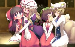  4girls animal_ears bad_id bad_pixiv_id blonde_hair blue_eyes blush brown_eyes brown_hair cat_ears chen commentary_request fox_ears fox_tail hair_ribbon hakurei_reimu hat highres mille multiple_girls ribbon tail touhou yakumo_ran yakumo_yukari yellow_eyes yuri 