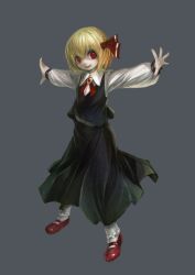  blonde_hair bobby_socks brooch commentary_request dress_shirt female full_body highres jewelry lolicon mary_janes outstretched_arms pale_skin photoshop_(medium) red_eyes rumia shirt shoes short_hair simple_background skirt smile socks solo spark621 spread_arms touhou white_socks 