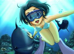  air_bubble bikini black_hair bubble copyright_request coral diving dolphin female flippers freediving goggles goggles_on_eyes imageboard_desourced nature non-web_source ocean short_hair smile solo swimming swimsuit tsune_(dreamers_express) underwater water 