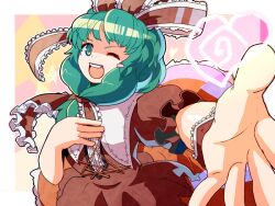  blush_stickers bow citolo commentary_request dress female frills front_ponytail green_eyes green_hair hair_ribbon hairbow hand_on_own_chest kagiyama_hina long_hair one_eye_closed ribbon solo touhou wrist_ribbon 