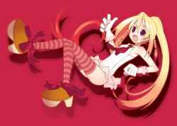  bare_shoulders blonde_hair female gloves haruse_hiroki long_hair oerba_yun_fang open_mouth original purple_eyes shoes solo striped_clothes striped_thighhighs thighhighs white_gloves 