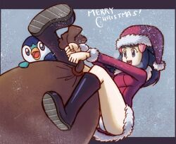  alternate_headwear black_footwear blue_eyes blue_hair boots christmas dawn_(pokemon) female hair_ornament hat jonathan_kim long_hair merry_christmas panties pantyshot piplup pokemon pokemon_(creature) pokemon_dppt sack santa_costume santa_hat snow thighs underwear white_panties 