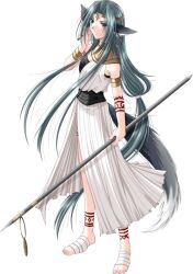  absurdly_long_hair animal_ears armlet bandages barefoot dress earrings feet female full_body green_eyes green_hair higota_ruins jewelry long_hair low-tied_long_hair polearm seika_(higota_ruins) solo spear tail tattoo transparent_background very_long_hair weapon white_dress yamamoto_kazue 