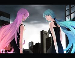  2girls aqua_eyes aqua_hair black_dress cityscape commentary dress english_commentary grey_sky hatsune_miku letterboxed long_hair looking_back megurine_luka multiple_girls overcast photoshop_(medium) piano_(agneschen) pink_hair sky very_long_hair vocaloid watermark web_address world&#039;s_end_dancehall_(vocaloid) 