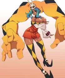  aqua_hair bare_shoulders boots breasts brown_eyes cerebella_(skullgirls) cleavage dark_skin female hat large_breasts lipstick makai makeup miniskirt nail_polish skirt skull skullgirls solo thigh_boots thighhighs vice-versa_(skullgirls) 