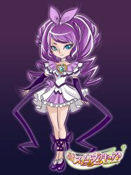  alternate_universe artist_request blue_eyes brooch choker copyright_name cure_symphony dress drill_hair female g-clef_(suite_precure) gloves gradient_background hair_ribbon hairband heart jewelry logo long_hair magical_girl original photoshop_(medium) precure puffy_sleeves purple_background purple_hair purple_ribbon purple_theme ribbon shoes simple_background solo standing suite_precure toudou_koto 