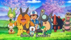  1boy boldore krokorok leavanny lowres oshawott outdoors palpitoad pignite pikachu pokemon pokemon_(creature) satoshi_(pokemon) scraggy snivy spoilers sunglasses unfezant unfezant_(female) 