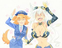  2girls :3 ^_^ agahari animal animal_ears bad_id bad_pixiv_id bikini bikini_top_only blush_stickers breasts cat_ears cat_tail cleavage closed_eyes commentary_request dog_ears dog_tail elbow_gloves eyewear_on_head fangs formal gloves groin hamster happy hat kaiten_muten-maru komai_(kaiten_muten-maru) large_breasts multiple_girls navel open_mouth orange_hair paw_print police police_uniform shamu_meruruusa skirt skirt_suit suit sunglasses swimsuit tail traditional_media uniform white_hair 