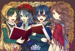  4girls bandana blue_eyes blue_hair book brown_hair chiko_(mizuho) closed_eyes commentary_request glasses green_hair holding holding_book inazuma_eleven inazuma_eleven_(series) kino_aki kudou_fuyuka multiple_girls open_book otonashi_haruna photoshop_(medium) raimon_natsumi red_eyes scarf shawl skirt 