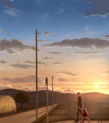  1boy brown_eyes brown_hair closed_eyes cloud commentary_request doujima_nanako evening female greenhouse grey_hair highres holding_hands lolicon looking_down looking_up narukami_yuu outdoors persona persona_4 road scenery short_hair sky sunset twintails walking yuugure 