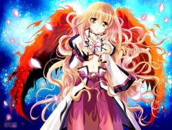  belt blonde_hair cherry_blossoms commentary_request female fiery_wings flat_chest highres kanna_(plum) long_hair looking_at_viewer lyrical_nanoha mahou_shoujo_lyrical_nanoha mahou_shoujo_lyrical_nanoha_a&#039;s mahou_shoujo_lyrical_nanoha_a&#039;s_portable:_the_gears_of_destiny midriff navel photoshop_(medium) solo very_long_hair wide_sleeves wings yellow_eyes yuri_eberwein 