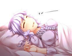  ^_^ alternate_costume bed blanket blush breasts breasts_apart closed_eyes commentary_request drooling female kazetto large_breasts light_purple_hair long_hair lying merlin_prismriver no_headwear on_back open_mouth pajamas photoshop_(medium) pillow sleeping smile solo touhou under_covers 