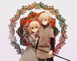  1boy :3 aged_down alternate_costume alternate_hair_color alternate_hairstyle axis_powers_hetalia belgium_(hetalia) belt black_shirt blonde_hair bow bowtie brother_and_sister clothes_grab commentary_request dress female floral_background frills green_eyes grey_background hair_between_eyes hairbow height_difference holding lolicon long_dress long_sleeves nana_(nanalog76) netherlands_(hetalia) puffy_sleeves shirt short_hair siblings skirt sleeve_grab smile tunic 