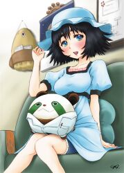  backpack bag black_hair blue_eyes chair commentary_request female get9 hand_on_headwear hat lab_coat metal_upa multicolored_eyes open_mouth shiina_mayuri short_hair shorts sitting smile solo steins;gate 