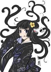  :q antaria black_hair commentary female flower food futakuchi-onna hair_flower hair_ornament japanese_clothes kimono long_hair onigiri original photoshop_(medium) prehensile_hair sharp_teeth signature simple_background solo standing teeth tongue tongue_out traditional_youkai white_background 