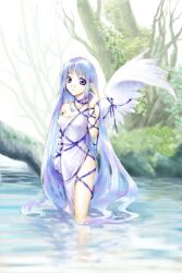  arm_ribbon blue_hair commentary_request female jewelry kogara_(frenzied_kotori) leg_ribbon long_hair necklace original purple_eyes ribbon single_wing solo thigh_ribbon tree very_long_hair wading water wing_ribbon wings 