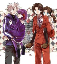  2boys 2girls aged_down alcohol black_thighhighs blue_eyes brown_hair carrying commentary_request cup dress drinking_glass facial_hair fate/zero fate_(series) father_and_daughter formal goatee hair_ribbon hood hoodie lolicon long_hair matou_kariya matou_sakura multiple_boys multiple_girls one_eye_closed open_mouth parted_bangs photoshop_(medium) piggyback purple_eyes purple_hair ribbon siblings sisters skirt socks suit thighhighs tohsaka_rin tohsaka_tokiomi twintails uncle_and_niece white_hair wine wine_glass wonoco0916 