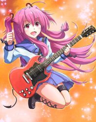  angel_beats! ankle_lace-up commentary_request cross-laced_footwear demon_tail electric_guitar female guitar instrument long_hair oerba_yun_fang photoshop_(medium) pink_hair red_eyes school_uniform serafuku shinda_sekai_sensen_uniform solo tail tazu two_side_up yui_(angel_beats!) 