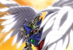  armor bad_id bad_pixiv_id commentary_request glowing glowing_eyes green_eyes gundam gundam_wing gundam_wing_endless_waltz looking_away mecha no_humans platin_(alios) robot simple_background solo white_wings wing_gundam_zero_custom wings yellow_background 