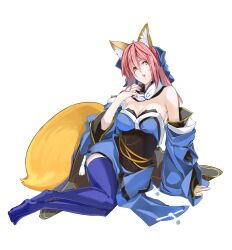  absurdres animal_ears bad_id bad_pixiv_id blue_thighhighs bow breasts cleavage detached_sleeves dress fate/extra fate_(series) female fox_ears fox_girl fox_tail guratan hair_ribbon hairbow highres japanese_clothes large_breasts no_shoes pink_hair ribbon solo tabi tail tamamo_(fate) tamamo_no_mae_(fate/extra) thighhighs twintails yellow_eyes 