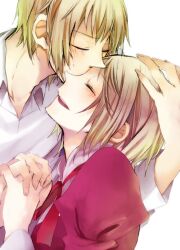  1boy axis_powers_hetalia bad_id bad_pixiv_id blonde_hair blush brother_and_sister closed_eyes female happy holding_hands interlocked_fingers kissing liechtenstein_(hetalia) short_hair siblings smile sumi_(38page) switzerland_(hetalia) 