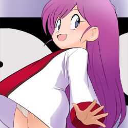  1980s_(style) corona_(uchuu_kazoku_carlvinson) cowboy_shot female haruyama_kazunori long_hair otousan_(uchuu_kazoku_carlvinson) panties pantyshot purple_hair retro_artstyle smile solo standing uchuu_kazoku_carlvinson underwear upskirt 