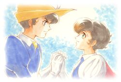  1boy brown_hair commentary_request couple eye_contact female gloves hat holding_hands looking_at_another marker_(medium) millipen_(medium) photoshop_(medium) prince_frank princess_sapphire ribbon_no_kishi short_hair straight traditional_media white_gloves ys001 