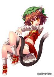  animal_ears brown_eyes brown_hair cat_ears cat_tail chen commentary_request earrings female fingernails full_body groin jewelry long_fingernails midriff multiple_tails nail_polish navel open_mouth photoshop_(medium) rando_seru shoes short_hair simple_background single_earring smile socks solo tail touhou white_background white_socks 