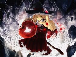  apple bad_apple!! blonde_hair broom commentary_request dress female food fruit hat kirisame_marisa muso-comet photoshop_(medium) riding solo touhou witch_hat 