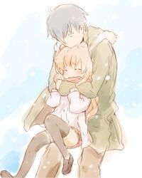  1boy aisaka_taiga bad_id bad_pixiv_id blue_hair brown_hair closed_eyes coat commentary_request female height_difference hug long_hair scarf shirotaka_(shirotaka) short_hair takasu_ryuuji thighhighs toradora! 