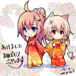  2girls animal_ears bell blue_eyes cat_ears chibi chiri_(atlanta) chiriko_(atlanta) commentary_request dated floral_print flower hair_ornament japanese_clothes kikumon kimono multiple_girls new_year original photoshop_(medium) pink_hair red_eyes ten&#039;inkou_korin 