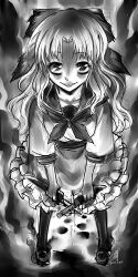  antaria commentary emukae_mukae female greyscale knife medaka_box monochrome photoshop_(medium) signature smile solo standing 