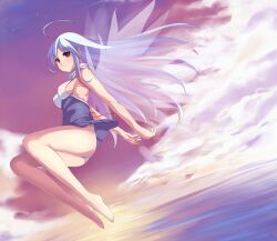  ahoge ass barefoot blush breasts cloud dress female long_hair ocean open_mouth original panties red_eyes ribbon saiste sideboob sky solo underwear white_hair white_panties wind_lift wings 