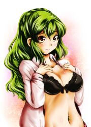  alternate_hair_length alternate_hairstyle black_bra bra commentary_request dress_shirt earrings female green_hair hands_on_own_chest highres jewelry kazami_yuuka kazami_yuuka_(pc-98) lace lace-trimmed_bra lace_trim lingerie long_hair midriff navel_piercing open_clothes open_shirt piercing shirt skirt smile solo touhou touhou_(pc-98) underwear upper_body yellow_eyes yuzu_momo 