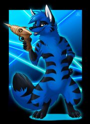  2011 anthro blue_hair blue_theme canid canine conditional_dnp cool_colors dipstick_tail fox hair hindpaw holding_object holding_weapon laser male mammal markings nude paws ranged_weapon raygun solo tail tail_markings tani_da_real weapon xzadfor 