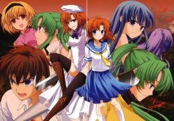  1boy 6+girls angry baseball_bat beret black_hairband blonde_hair blue_eyes boots brown_eyes brown_hair dress everyone furude_rika green_eyes green_hair hairband hanyuu hashitsuki_nata hat higurashi_no_naku_koro_ni horns houjou_satoko long_hair looking_back maebara_keiichi multiple_girls nata_(tool) open_mouth orange_hair ponytail purple_eyes ribbon ryuuguu_rena school_uniform short_hair siblings sisters skirt smile sonozaki_mion sonozaki_shion suzuragi_karin thighhighs twins 