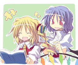  2girls ^_^ ascot bad_id bad_pixiv_id bat_wings blonde_hair blue_hair book braid closed_eyes commentary_request flandre_scarlet hairdressing long_hair multiple_girls no_headwear oerba_yun_fang open_mouth pencil protractor red_eyes remilia_scarlet ruler satou_kibi short_hair siblings side_ponytail sisters slit_pupils smile touhou wings 