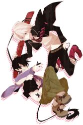  2boys ao_no_exorcist bad_id bad_pixiv_id black_hair blonde_hair blue_eyes boots cosplay costume_switch highres ivan_karelin ivan_karelin_(cosplay) jacket letterman_jacket male_focus multiple_boys necktie okamoto_nobuhiko okumura_rin okumura_rin_(cosplay) pointy_ears purple_eyes purple_jacket scabbard school_uniform sheath shuriken striped striped_necktie tail tiger_&amp;_bunny voice_actor_connection weapon weapon_bag zakka_(d-o-t) 