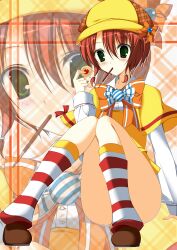  absurdres bad_id bad_pixiv_id blush eating female food green_eyes hat highres mea_(brunhilde) pocky red_hair short_hair socks solo striped_clothes striped_socks tantei_opera_milky_holmes yuzurizaki_nero zoom_layer 