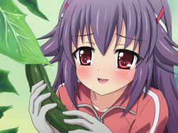  blush commentary_request cucumber female gloves hair_ornament hairclip hercule_barton leaf long_hair mameshiba_(pixiv_59310) open_mouth photoshop_(medium) purple_hair red_eyes sexually_suggestive smile solo tantei_opera_milky_holmes track_suit 