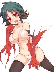  bikini black_legwear bloodghast blush breasts cleavage female gloves green_hair large_breasts magic:_the_gathering magic_the_gathering navel oerba_yun_fang oshiruko_(tsume) personification red_eyes rule_63 smile solo swimsuit thighhighs torn_clothes tsume_(artist) 