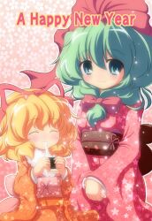  2girls :3 alternate_costume blonde_hair blush closed_eyes commentary_request dress eating floral_print floral_print_sash food front_ponytail green_eyes green_hair hair_ribbon happy_new_year highres isobeyaki japanese_clothes kagiyama_hina kimono medicine_melancholy mochi multiple_girls new_year nullpooo obi pink_dress ribbon sash smile touhou v_arms wagashi yellow_dress 